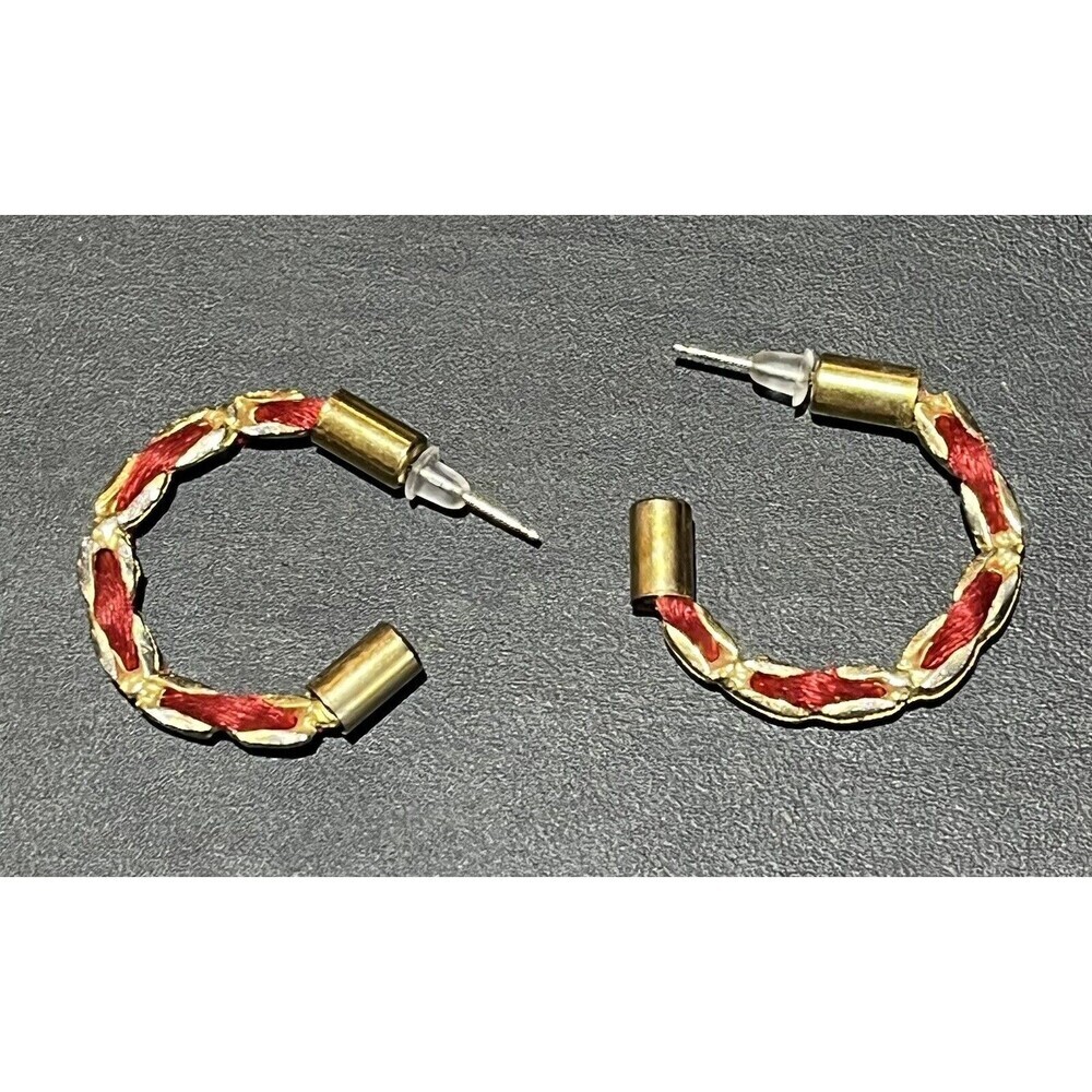 Vintage Red Ribbon Weave Half Circle Hoop Gold Tone Pierced Earrings